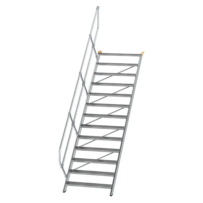 Munk Außentreppe Treppe 45° inkl. einen Handlauf, 1000mm Stufenbreite, 13 Stufen - Anzahl Steigungen: 13 Stk. - Hellgraue Metalltreppe mit Handlauf, für sicheren Zugang.