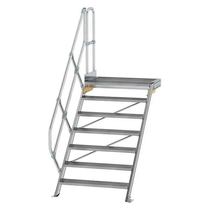 Munk Außentreppe Treppe mit Plattform 45° inkl. einen Handlauf, 1000mm Stufenbreite, 7 Stuf -  - Silberne Aluminium-Zugangstreppe mit Plattform und integrierten Handläufen für sicheren erhöhten Zugang.