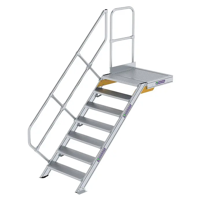 Munk Außentreppe Treppe mit Plattform 45° inkl. einen Handlauf, 800mm Stufenbreite, 7 Stufe -  - Silberne Aluminium-Zugangstreppe mit Plattform und Geländern für den Industrieeinsatz.