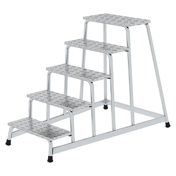 Munk Arbeitsplattform Arbeitspodest starr 5 Stufen - Anzahl Tritte: 5 Stk., Arbeitshöhe: 2.200 m, Aluminium - Fünfstufige Industrietreppe mit rutschfesten Riffelblech-Aluminiumstufen und glänzendem silberfarbenem Gestell.