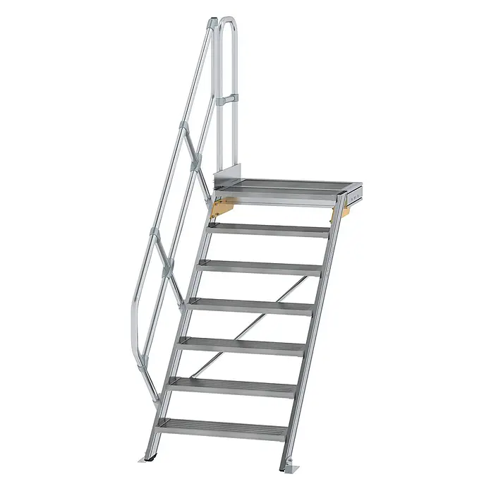 Munk Außentreppe Treppe mit Plattform 45° inkl. einen Handlauf, 800mm Stufenbreite, 7 Stufe -  - Silberne Aluminiumtreppe mit oberer Plattform und Handläufen für sicheren Zugang.