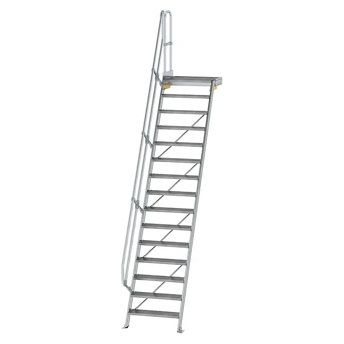 Munk Außentreppe Treppe mit Plattform 60° inkl. einen Handlauf, 800mm Stufenbreite, 15 Stuf -  - Silberfarbene Aluminium-Zugangstreppe mit oberer Plattform und Handläufen, für den industriellen Einsatz.