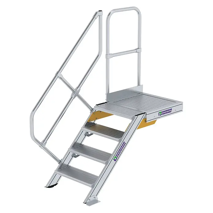 Munk Außentreppe Treppe mit Plattform 45° inkl. einen Handlauf, 600mm Stufenbreite, 4 Stufe -  - Aluminium-Plattformtreppe mit vier Stufen und Geländer.