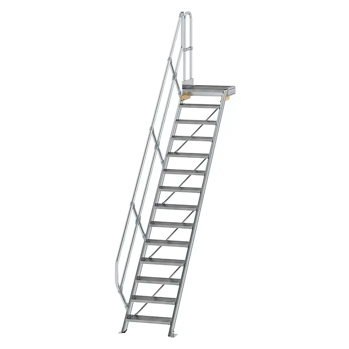 Munk Außentreppe Treppe mit Plattform 45° inkl. einen Handlauf, 600mm Stufenbreite, 14 Stuf -  - Silberfarbene Metall-Zugangstreppe mit rutschfesten Stufen, Sicherheitsgeländer und oberer Plattform.