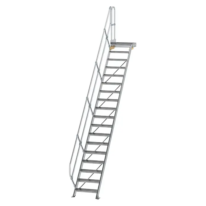 Munk Außentreppe Treppe mit Plattform 45° inkl. einen Handlauf, 600mm Stufenbreite, 17 Stuf - Anzahl Steigungen: 17 Stk. - Silberne Metall-Industrietreppe mit Geländer und Plattformanschluss.