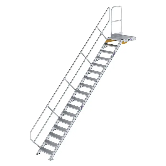 Munk Außentreppe Treppe mit Plattform 45° inkl. einen Handlauf, 600mm Stufenbreite, 17 Stuf - Anzahl Steigungen: 17 Stk. - Industrielle Aluminium-Zugangstreppe mit Podest und Geländern.