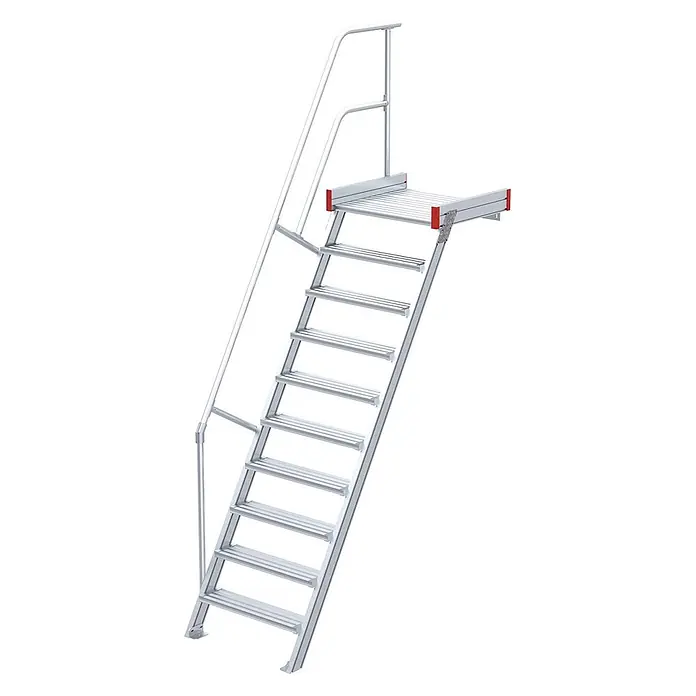 Euroline Außentreppe 511 Podesttreppe 60° 800mm Stufenbreite 10 Stufen Alu gerieft -  - Silberne Aluminium-Industrietreppe mit Handläufen und integrierter Plattform für sicheren Zugang.