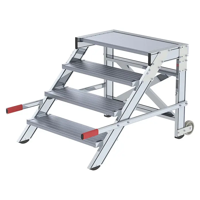 Munk Arbeitsplattform Arbeitspodest fahrbar Aluminium geriffelt 800mm Stufenbreite 5 Stufen - Anzahl Tritte: 5 Stk., Arbeitshöhe: 3.000 m, Aluminium - Silberne Metall-Stufenplattform mit vier geriffelten Stufen, roten Handgriffen und Rädern für leichte Bewegung.