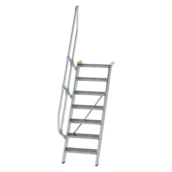 Munk Außentreppe Treppe 60° inkl. einen Handlauf, 600mm Stufenbreite, 7 Stufen - Anzahl Steigungen: 7 Stk. - Silberne Aluminium-Zugangsleiter mit Handlauf und mehreren Stufen.