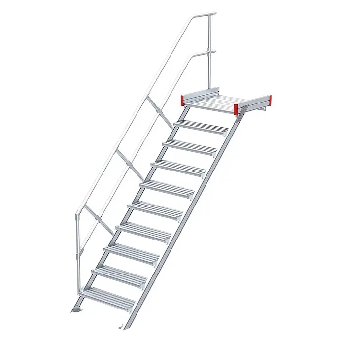 Euroline Außentreppe 511 Podesttreppe 45° 600mm Stufenbreite 10 Stufen Alu gerieft - 60 cm, Anzahl Steigungen: 10 Stk. - Aluminium-Zugangstreppe mit rutschfesten Stufen, Handläufen und einer oberen Plattform.