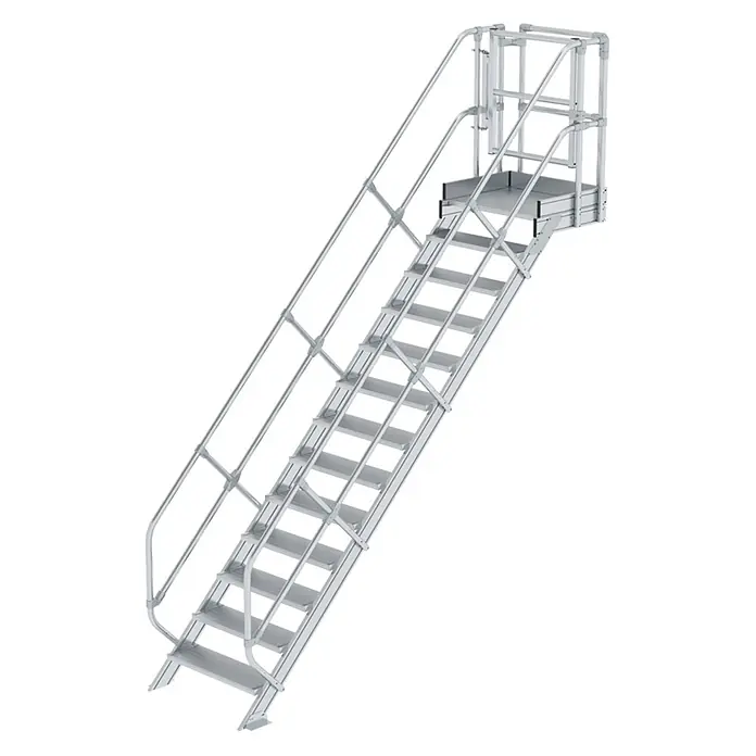 Munk Außentreppe Treppen-Modul 2700mm Plattformoberkante Aluminium geriffelt 13 Stufen - Anzahl Steigungen: 13 Stk. - Silberne, modulare Aluminium-Zugangstreppe mit Handläufen und oberer Plattform.
