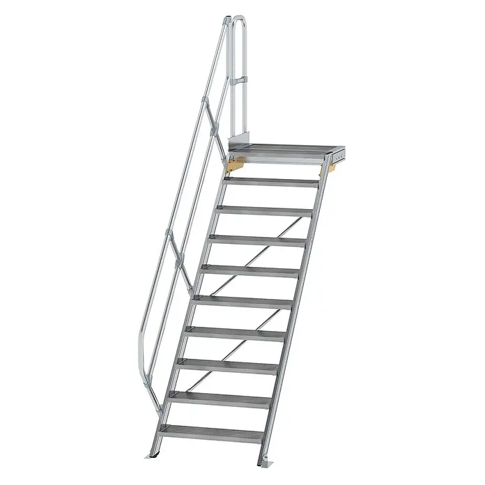 Munk Außentreppe Treppe mit Plattform 45° inkl. einen Handlauf, 800mm Stufenbreite, 10 Stuf - Anzahl Steigungen: 10 Stk. - Silberne Industrie-Zugangstreppe aus Metall mit Handläufen und Podest.