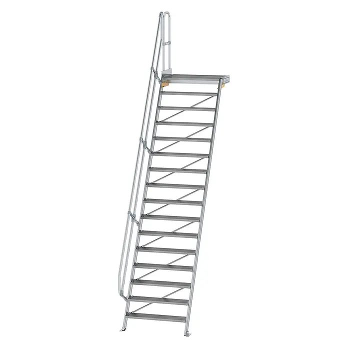 Munk Außentreppe Treppe mit Plattform 60° inkl. einen Handlauf, 1000mm Stufenbreite, 16 Stu - Anzahl Steigungen: 16 Stk. - Silberne Industriezugaungstreppe mit Handlauf und Plattform.