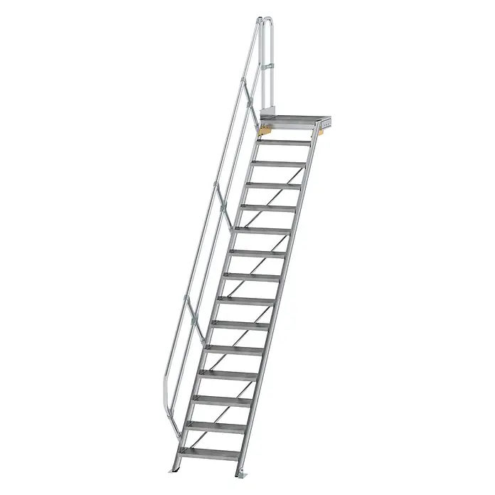 Munk Außentreppe Treppe mit Plattform 45° inkl. einen Handlauf, 600mm Stufenbreite, 15 Stuf - Anzahl Steigungen: 15 Stk. - Silberne Industrietreppe aus Metall mit Handlauf und oberer Plattform für sicheren Zugang.
