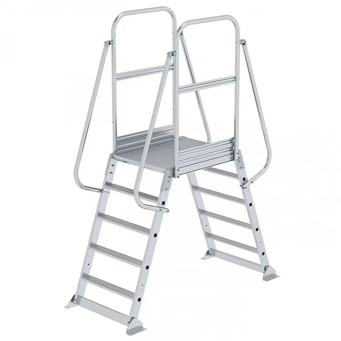 Munk Außentreppe Überbrückung beidseitig begehbar 5 Stufen -  - Silberfarbene Aluminium-Arbeitsplattform mit beidseitigem Zugang über Treppen und Handläufen, mit rutschfester Mittelplattform.