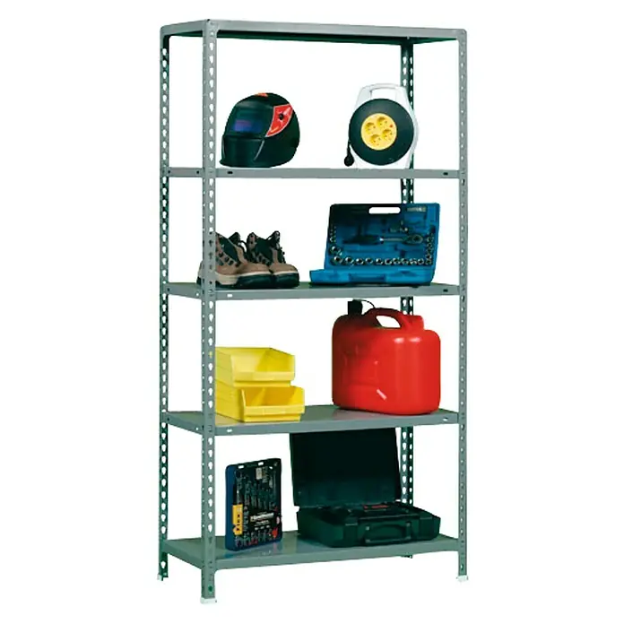Simonrack Simonclick Estantería metálica Ecoclick Mini - Al x An x Pr: 180 x 80 x 30 cm, Capacidad de carga por balda: 70 kg, Número de baldas: 5 ud., Inserción, Gris - Fotografía de una estantería metálica gris con cinco estantes, llenos de diversas herramientas y objetos.