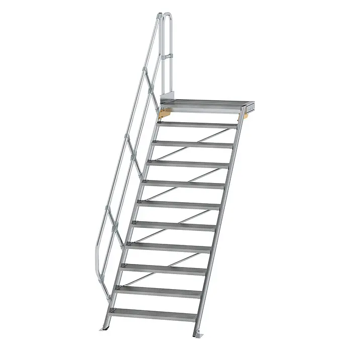 Munk Außentreppe Treppe mit Plattform 45° inkl. einen Handlauf, 1000mm Stufenbreite, 11 Stu - Anzahl Steigungen: 11 Stk. - Modulare silbergraue Aluminium-Zugangstreppe mit Plattform und Geländern.