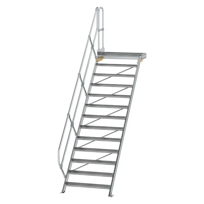 Munk Außentreppe Treppe mit Plattform 45° inkl. einen Handlauf, 1000mm Stufenbreite, 13 Stu -  - Silberfarbene Aluminium-Industrietreppe mit Geländer und oberer Plattform.