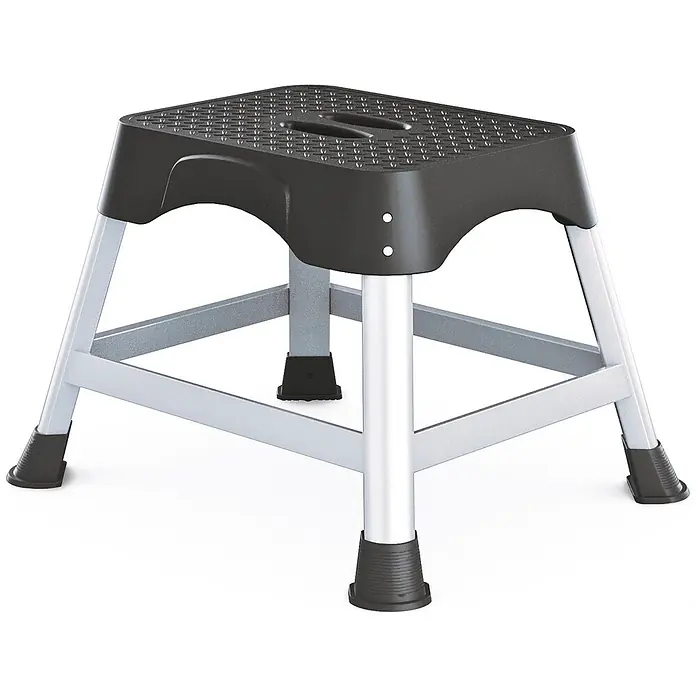 Zarges Arbeitspodest Workstand P -  - Dunkelgrauer Trittschemel mit strukturierter, rutschfester Oberfläche und silbernen Aluminiumbeinen mit schwarzen Gummifüßen, für Stabilität und Sicherheit.