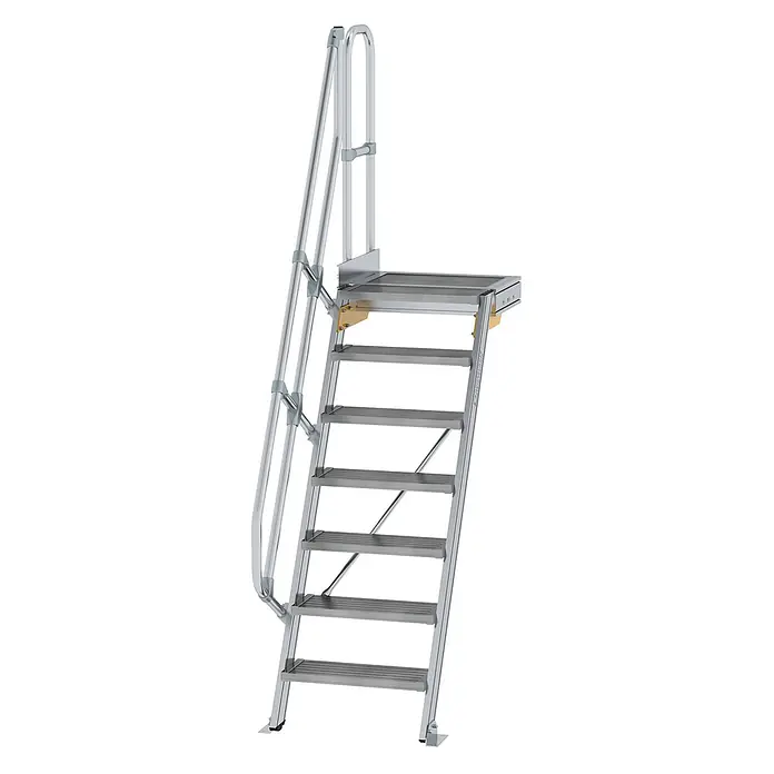 Munk Außentreppe Treppe mit Plattform 60° inkl. einen Handlauf, 600mm Stufenbreite, 7 Stufe - Anzahl Steigungen: 7 Stk. - Silberne Aluminium-Treppenleiter mit Plattform und Handlauf für sicheren Zugang.