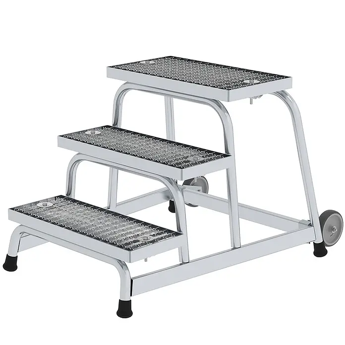 Munk Arbeitsplattform Arbeitspodest fahrbar mit Stahl-Gitterrost 3 Stufen - Anzahl Tritte: 3 Stk., Arbeitshöhe: 2.600 m, Aluminium - Silberne 3-stufige Rolltrittleiter mit rutschfesten Metallgitterstufen und Rollen für einfache Mobilität.