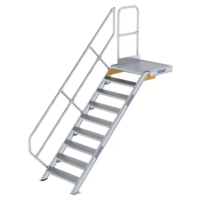 Munk Außentreppe Treppe mit Plattform 45° inkl. einen Handlauf, 800mm Stufenbreite, 9 Stufe - Anzahl Steigungen: 9 Stk. - Silberne Aluminium-Industrietreppe mit Podest und Geländern für sicheren Zugang.