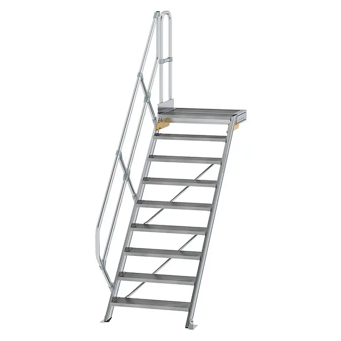 Munk Außentreppe Treppe mit Plattform 45° inkl. einen Handlauf, 800mm Stufenbreite, 9 Stufe - Anzahl Steigungen: 9 Stk. - Graue Aluminium-Zugangstreppe mit Handläufen und einer oberen Plattform.