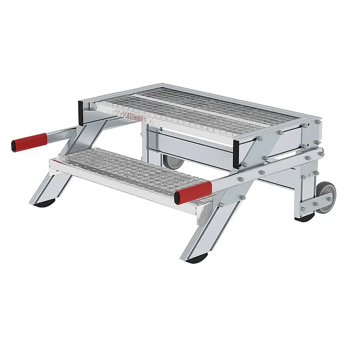 Munk Arbeitsplattform Arbeitspodest fahrbar Stahl-Gitterrost 800mm Stufenbreite 2 Stufen - Anzahl Tritte: 2 Stk., Arbeitshöhe: 2.400 m, Aluminium - Zweistufige mobile Aluminium-Plattform mit Gitterroststufen, roten Griffen, Rädern und Gummifüßen.