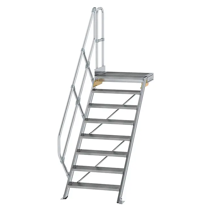 Munk Außentreppe Treppe mit Plattform 45° inkl. einen Handlauf, 800mm Stufenbreite, 8 Stufe - Anzahl Steigungen: 8 Stk. - Silberne Aluminium-Zugangstreppe mit Plattform und Handläufen, mit rutschfesten Stufen für sicheren industriellen Einsatz.