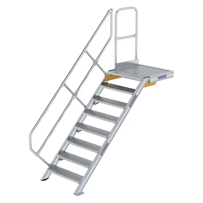 Munk Außentreppe Treppe mit Plattform 45° inkl. einen Handlauf, 800mm Stufenbreite, 8 Stufe - Anzahl Steigungen: 8 Stk. - Robuste Aluminium-Zugangstreppe mit breiten Stufen und Geländern zu einer stabilen Arbeitsplattform.
