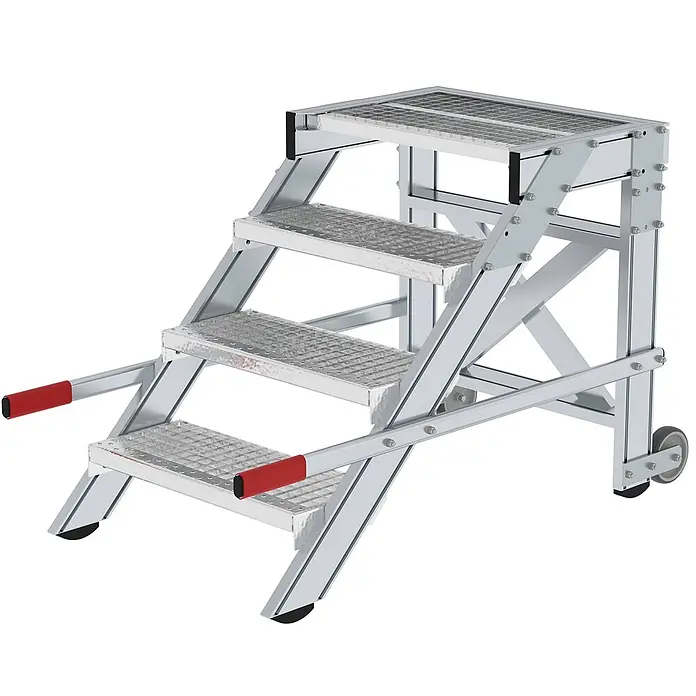 Munk Arbeitsplattform Arbeitspodest fahrbar Stahl-Gitterrost 600mm Stufenbreite 4 Stufen - Anzahl Tritte: 4 Stk., Arbeitshöhe: 2.800 m, Aluminium - Mobile Aluminium-Arbeitsplattform mit vier Gitterstufen, roten Griffen und Rädern für sicheren Zugang.