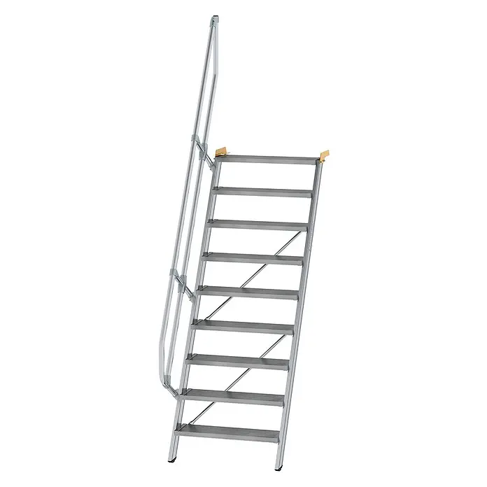 Munk Außentreppe Treppe 60° inkl. einen Handlauf, 800mm Stufenbreite, 9 Stufen - Anzahl Steigungen: 9 Stk. - Silbergraue, tragbare Aluminium-Zugangstreppe mit geriffelten Stufen und integriertem Handlauf für sicheren Aufstieg.