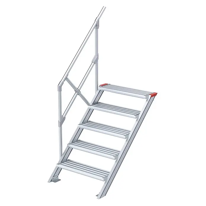 Euroline Außentreppe 510 Treppe 45° 600mm Stufenbreite 5 Stufen Alu gerieft - 60 cm, Anzahl Steigungen: 5 Stk. - Silberne Aluminium-Industrietreppe mit fünf rutschfesten Stufen und Handlauf für sicheren Zugang.