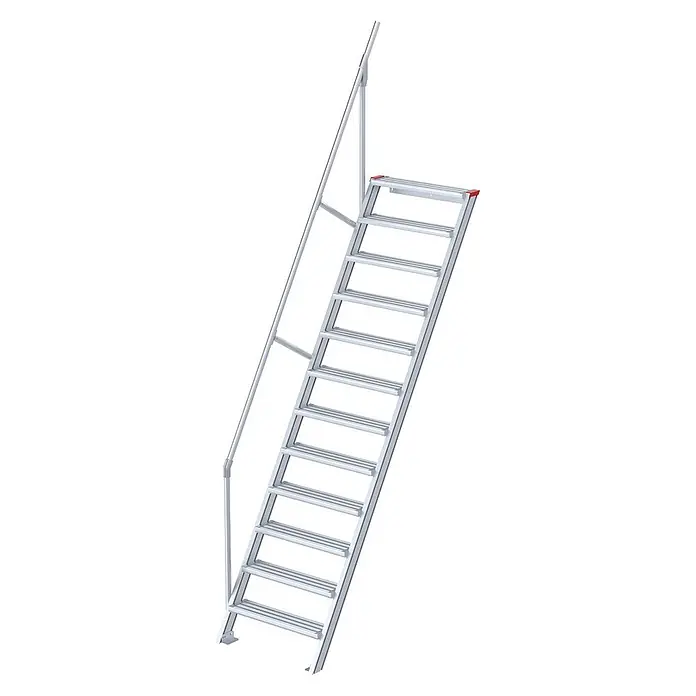 Euroline Außentreppe 510 Treppe 60° 600mm Stufenbreite 12 Stufen Alu gerieft - Anzahl Steigungen: 12 Stk. - Silberne Aluminium-Zugangsleiter mit Einzelgeländer.