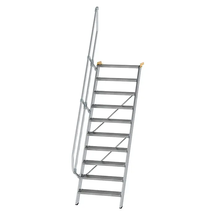 Munk Außentreppe Treppe 60° inkl. einen Handlauf, 800mm Stufenbreite, 10 Stufen - Anzahl Steigungen: 10 Stk. - Silbergraue Aluminium-Industrietreppe mit rutschfesten Stufen und einem Handlauf für sicheren Zugang.