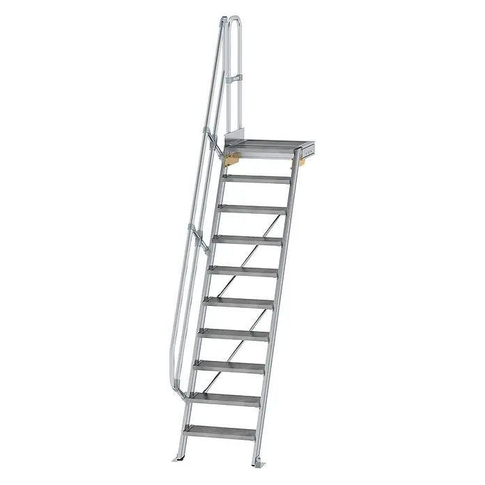 Munk Außentreppe Treppe mit Plattform 60° inkl. einen Handlauf, 600mm Stufenbreite, 10 Stuf -  - Silber-graue Aluminium-Industrie-Zugangsleiter mit Plattform und Geländern für erhöhten Zugang.