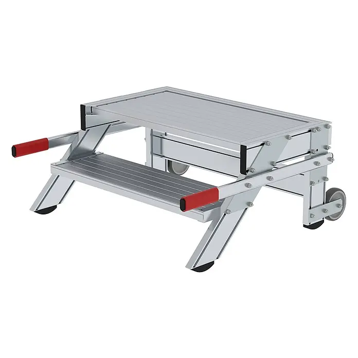 Munk Arbeitsplattform Arbeitspodest fahrbar Aluminium geriffelt 800mm Stufenbreite 2 Stufen - Anzahl Tritte: 2 Stk., Arbeitshöhe: 2.400 m, Aluminium - Aluminium-zweistufiger Klapptritt mit roten Handgriffen und Rollen.