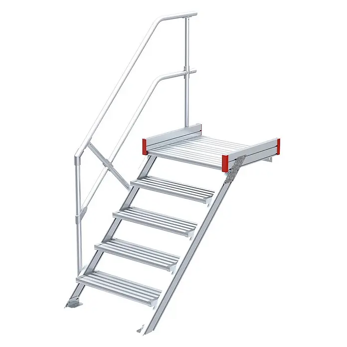 Euroline Außentreppe 511 Podesttreppe 45° 600mm Stufenbreite 5 Stufen Alu gerieft -  - Silberne Aluminium-Zugangstreppe mit Geländer und oberer Plattform, für moduläre Systeme.
