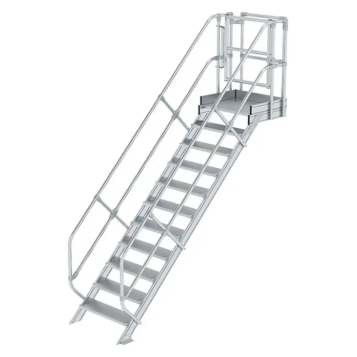 MUNK Treppen-Modul 2290mm Plattformoberkante Aluminium geriffelt 11 Stufen -  - Hellgraue Aluminium-Industrietreppe mit Handläufen und kleiner Oberplattform für sicheren Zugang.