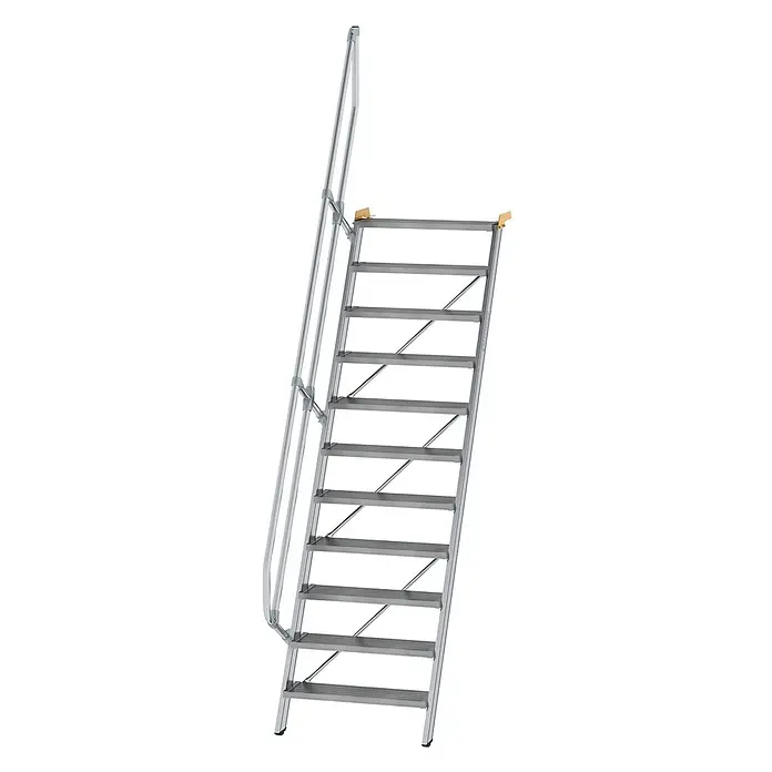Munk Außentreppe Treppe 60° inkl. einen Handlauf, 800mm Stufenbreite, 11 Stufen - Anzahl Steigungen: 11 Stk. - Silberne Industrietreppe aus Aluminium mit einem Handlauf und rutschfesten Stufen.