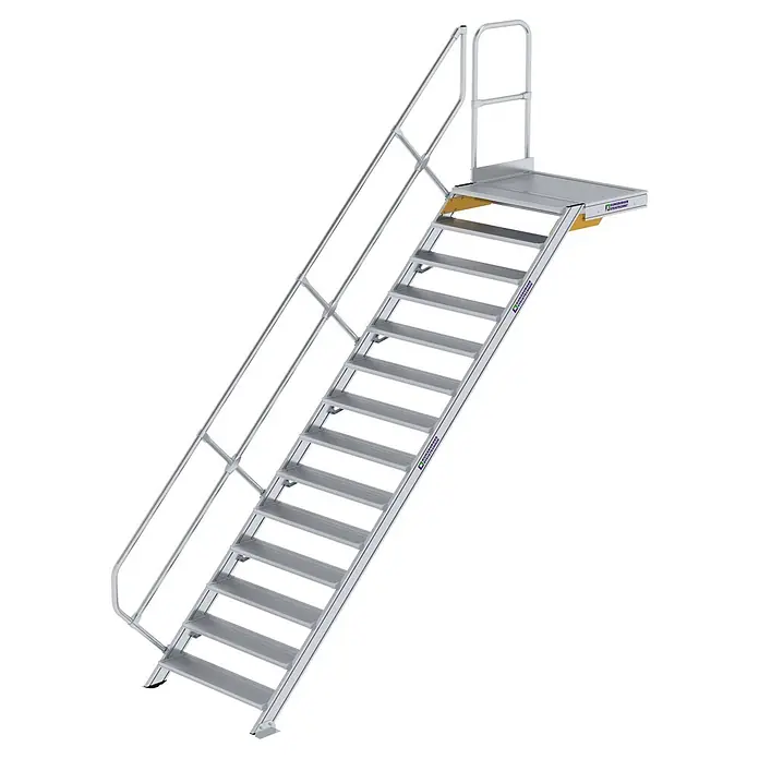 Munk Außentreppe Treppe mit Plattform 45° inkl. einen Handlauf, 1000mm Stufenbreite, 14 Stu - Anzahl Steigungen: 14 Stk. - Silberfarbene Aluminium-Zugangstreppe mit Handläufen und Podest.