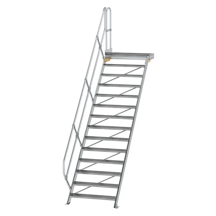 Munk Außentreppe Treppe mit Plattform 45° inkl. einen Handlauf, 1000mm Stufenbreite, 14 Stu - Anzahl Steigungen: 14 Stk. - Silbergraue Aluminium-Industrietreppe mit Geländer für sicheren Höhenzugang.