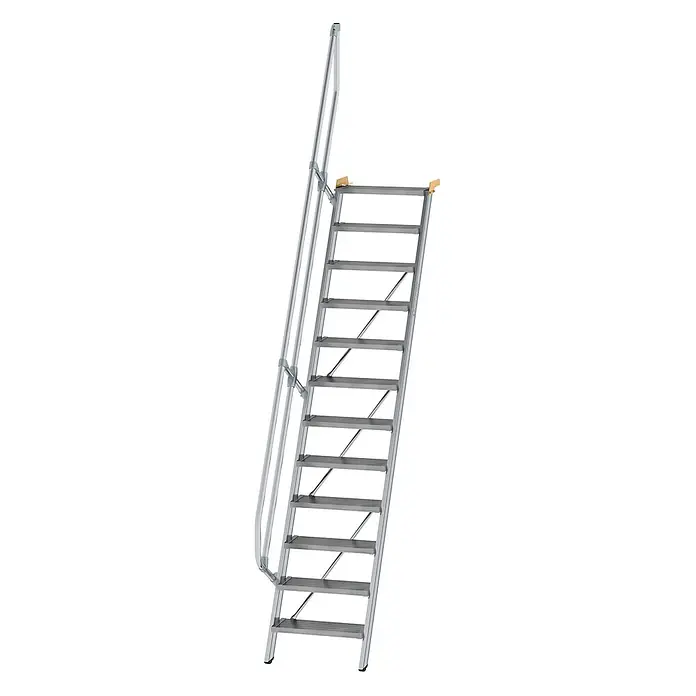 Munk Außentreppe Treppe 60° inkl. einen Handlauf, 600mm Stufenbreite, 12 Stufen -  - Silberne Aluminium-Zugangsleiter mit breiten, rutschfesten Stufen und einseitigem Handlauf.