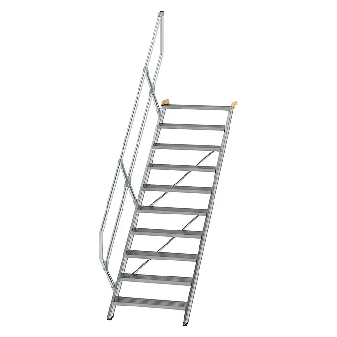 Munk Außentreppe Treppe 45° inkl. einen Handlauf, 800mm Stufenbreite, 10 Stufen -  - Silberne Aluminiumtreppe mit Handlauf, für temporären Zugang.