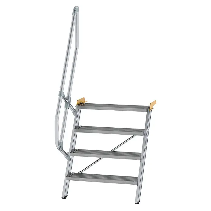 Munk Außentreppe Treppe 60° inkl. einen Handlauf, 800mm Stufenbreite, 4 Stufen - Anzahl Steigungen: 4 Stk. - Vierstufige silberne Aluminium-Einstiegstreppe mit Handlauf.
