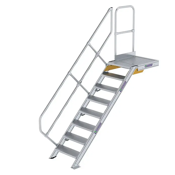 Munk Außentreppe Treppe mit Plattform 45° inkl. einen Handlauf, 600mm Stufenbreite, 8 Stufe -  - Silberne Aluminium-Industriestiege mit rutschfesten Stufen, Handläufen und einer Plattform für sicheren Höhenzugang.