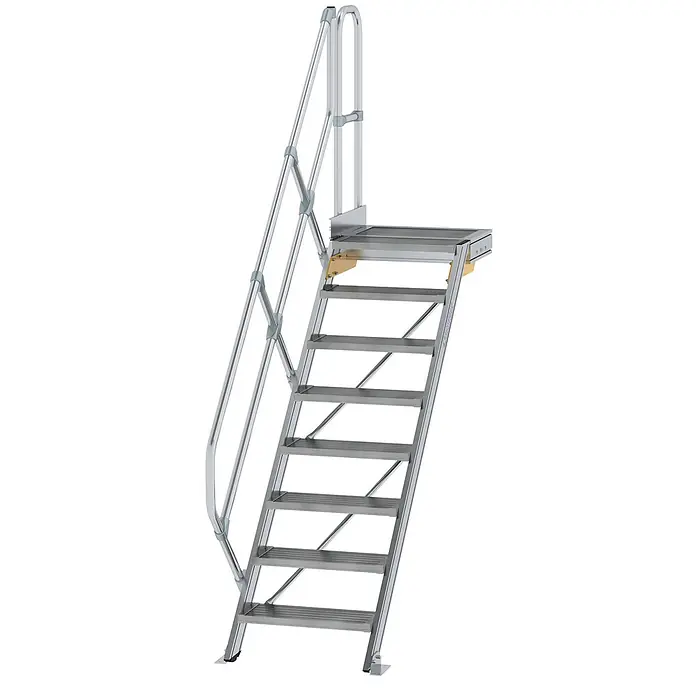 Munk Außentreppe Treppe mit Plattform 45° inkl. einen Handlauf, 600mm Stufenbreite, 8 Stufe -  - Silberne Industriezugaungstreppe aus Metall mit geriffelten Stufen, Plattform und Handlauf.