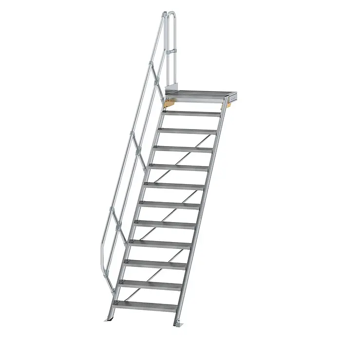 Munk Außentreppe Treppe mit Plattform 45° inkl. einen Handlauf, 800mm Stufenbreite, 12 Stuf -  - Modulare Aluminium-Zugangstreppe mit Handläufen und oberer Plattform.
