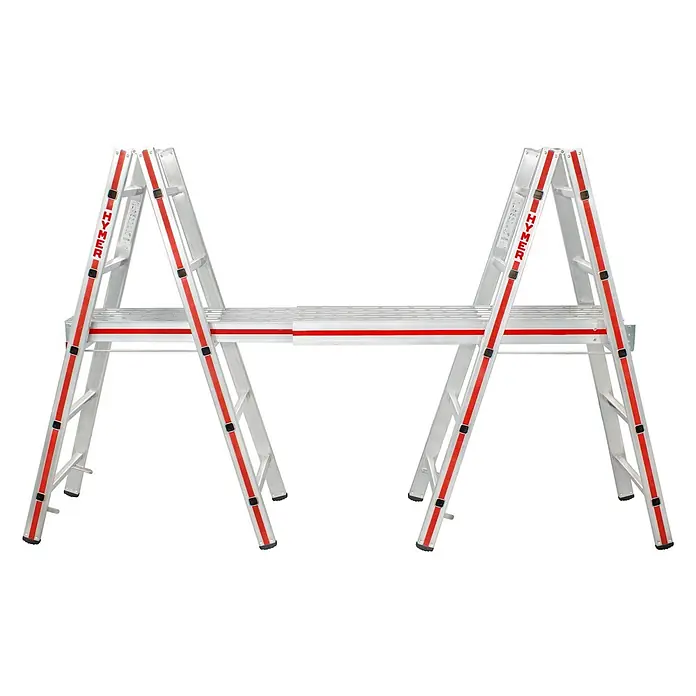 Hymer Arbeitsplattform Alu Diele Teleskopdiele Telesteg 1,24-4m Länge - Aluminium - Silberne Alu-Arbeitsplattform mit roten Akzenten, bestehend aus zwei Leiterbasen und einer stabilen Plattform.