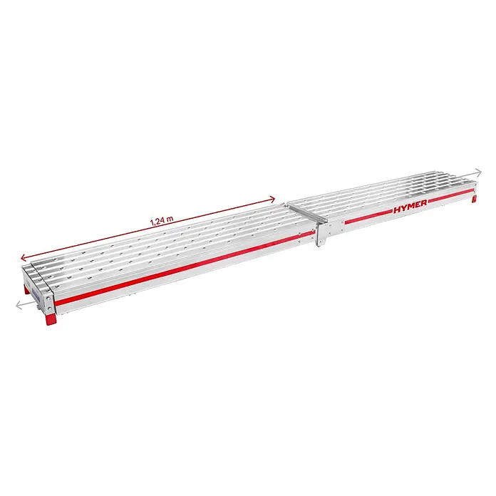 Hymer Arbeitsplattform Alu Diele Teleskopdiele Telesteg 1,24-4m Länge - Aluminium - Ausziehbares Aluminium-Gerüstpodest, silber mit roten Streifen, mit 1,24 m Länge angezeigt.